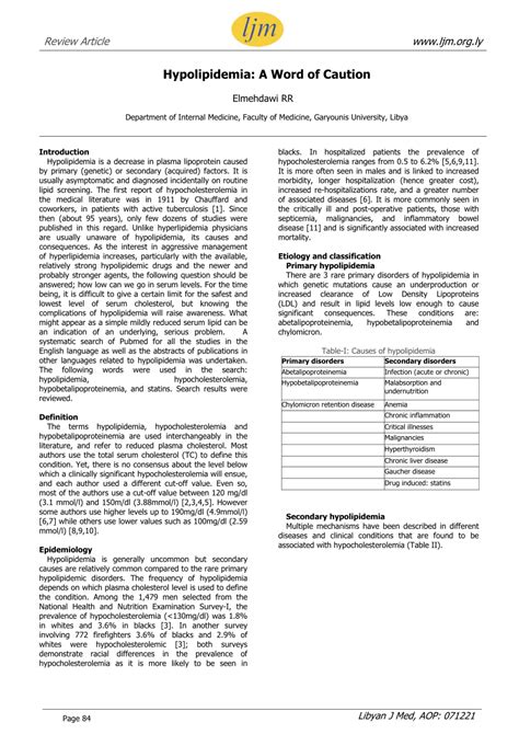 (PDF) Hypolipidemia: A Word of Caution