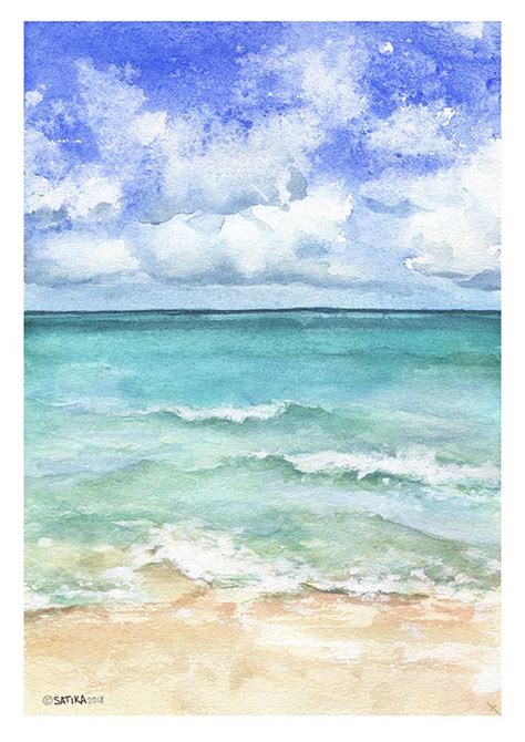 Watercolor painting of sea. Watercolour blue Caribbean sea landscapes ...