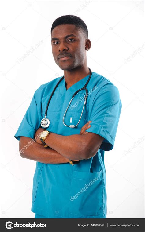 Black doctor with stethoscope isolated on white Stock Photo by ©Lisovoy 149886044