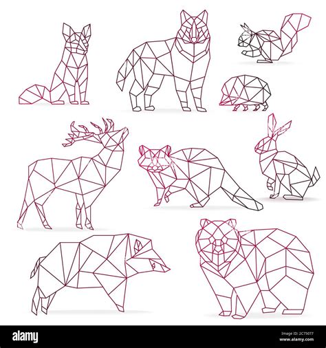 Low poly color gradient line animals set. Origami poligonal line animals. Wolf bear, deer, wild ...