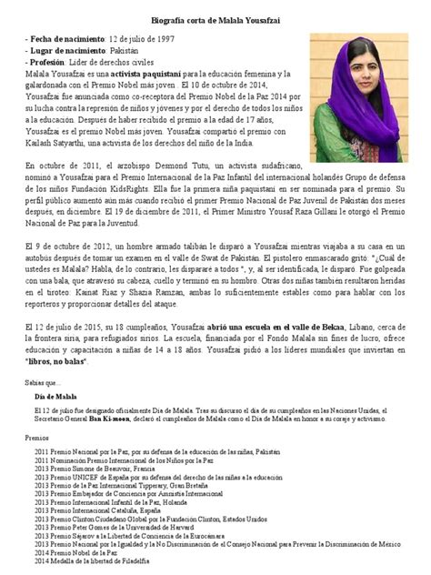 Biografía Corta de Malala Yousafzai | PDF | Malala Yousafzai