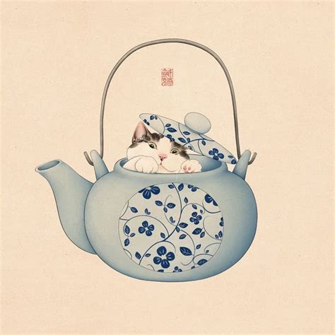 a painting of a cat in a teapot