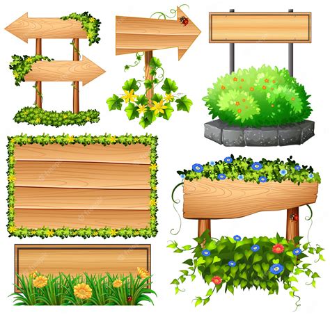 Premium Vector | Wooden signs with colorful flowers