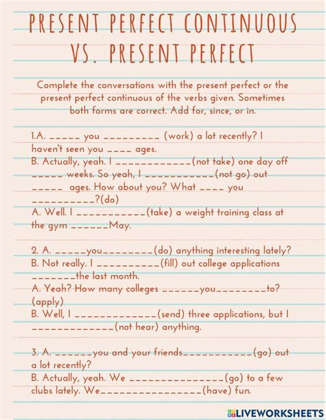 Present perfect vs present perfect continuous interactive worksheet for Intermediate