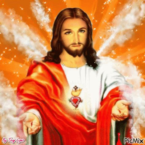 the image of jesus with his arms spread out in front of an orange and ...