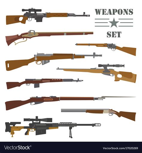 Firearm set gun rifle carbine flat design Vector Image