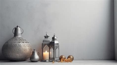 Premium Photo | Silver lanterns, candles, and other decorations sit on ...