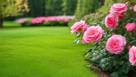 Premium Photo | Beautiful landscape design with a shrub rose on a green ...