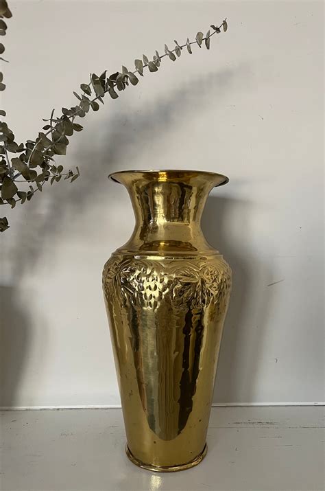 Vintage Large Gold Vase Solid Brass Vase Engraved Embossed Grape Vines ...