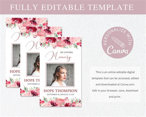 Floral Funeral Prayer Cards Template Editable Canva Template - Etsy