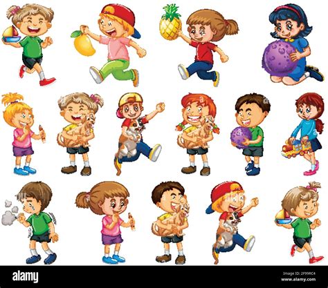 Children doing different activities cartoon character set on white background illustration Stock ...