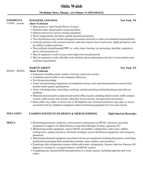 Alarm Technician Resume Samples | Velvet Jobs