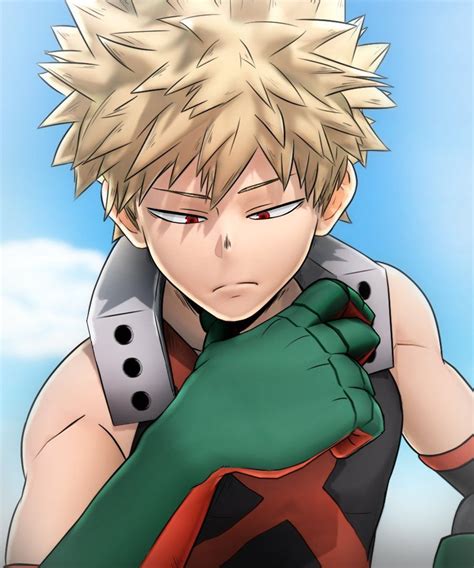 an anime character with blonde hair and green gloves holding his hand up to his face