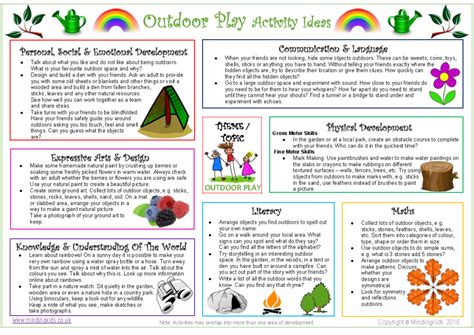 Outdoor Play Activity Ideas Sheet - MindingKids | Outdoor learning ...