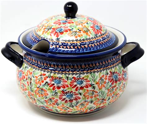 Soup Tureen Capacity: 3 liters Polish Pottery Floral Garden Unikat Pattern from Zaklady, Serving ...