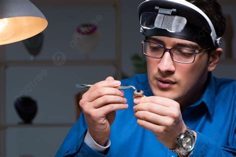 Jeweler Working In His Workshop Late At Night Photo Background And ...