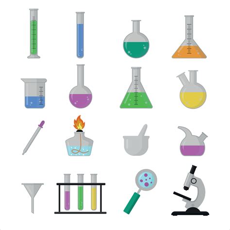 Set of science lab equipment. Beakers, flasks and test tubes for scientific experiments. Vector ...