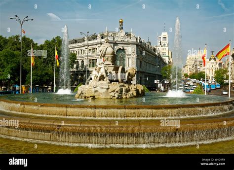 Plaza de Cibeles Fountain, rear view, large circle, iconic symbol, 1782, city scene, urban ...