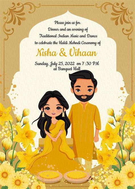 cute Indian couple cartoon with Haldi ceremony invite template | Cartoon wedding invitations ...