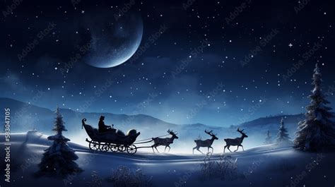 A sleigh pulled by reindeer flying in the night sky Generative AI Stock ...