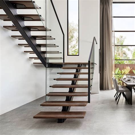 American Standard Stair Single Mono Steel Beam Steel Glass Railing Wood Step Stair - Solid Wood ...