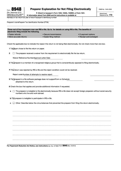 Fillable Form 8948 - Preparer Explanation For Not Filing Electronically - 2012 printable pdf ...