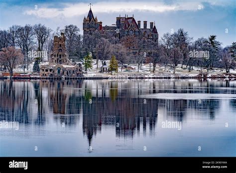 The Boldt Castle in winter on Heart Island reflecting on St Lawrence ...