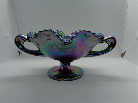 Fenton Purple Carnival Glass "Three Fruits" 2 Handled Compote/Candy Dish 3 3/4" Art Glass by ...