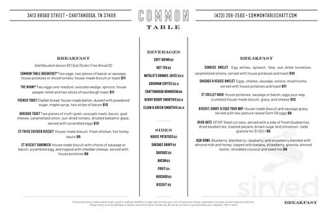 Common Table menu in Chattanooga, Tennessee, USA