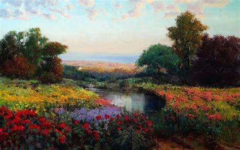 arte al óleo del paisaje eric Wallis prado flores lago árboles cielo ...