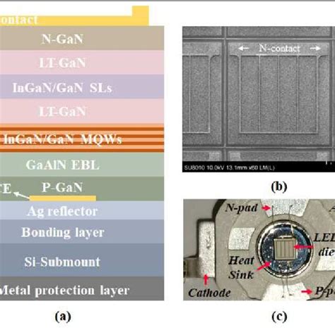 (a) Schematic of Si-substrate LED vertical structure. (b) SEM image of ...