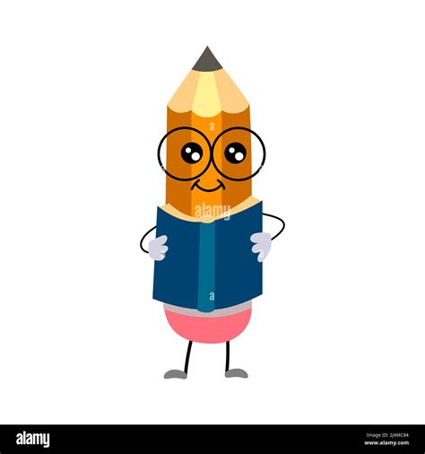 Happy cartoon pencils with a book and glasses. The humanized funny ...