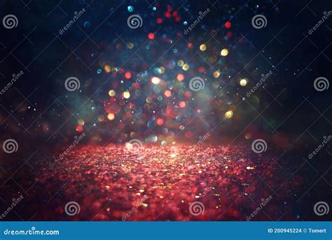 Background of Abstract Red, Blue, Gold and Black Glitter Lights. Defocused Stock Photo - Image ...