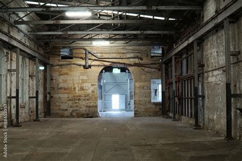 Inside of old abandon factory. A structure interior of empty industry ...