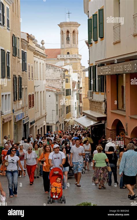 Spain Menorca Mahon old city center Rush hour on main shopping street ...