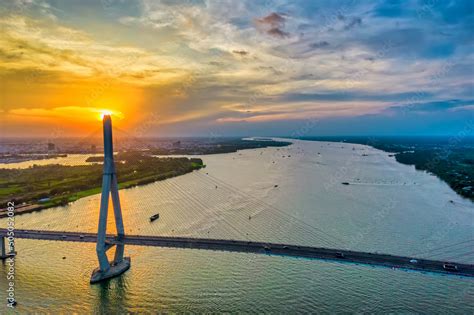 Can Tho bridge, Can Tho city, Vietnam, aerial view sunset sky. Can Tho ...