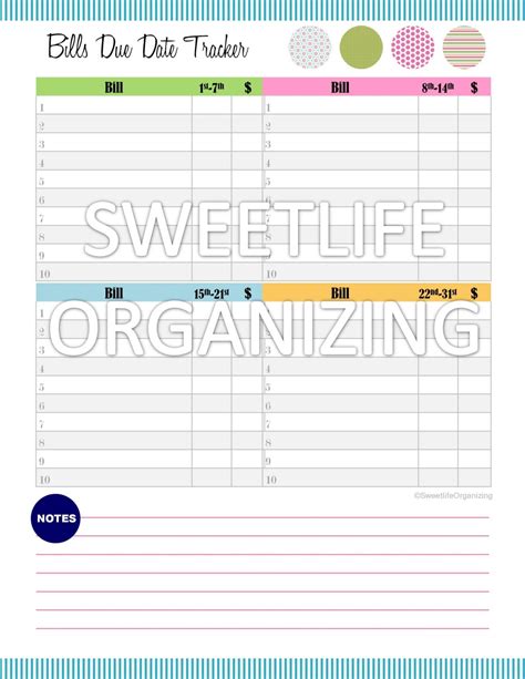 Bills Due Date Tracker Worksheet Digital by SweetlifeOrganizing