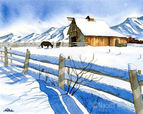 Snowy Winter Barn Watercolor Art Print Watercolor Barn With - Etsy