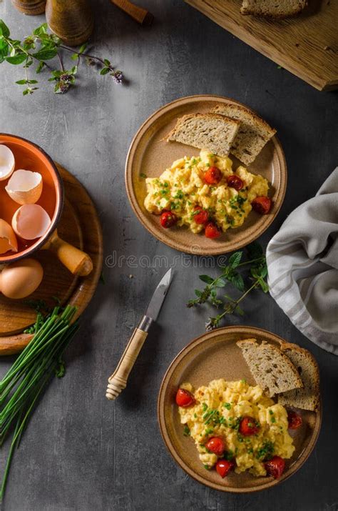 Scrambled eggs with herbs stock photo. Image of rustic - 108180832