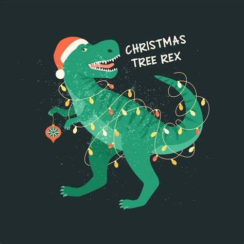 Premium Vector | T-rex christmas tree with garland lights card.