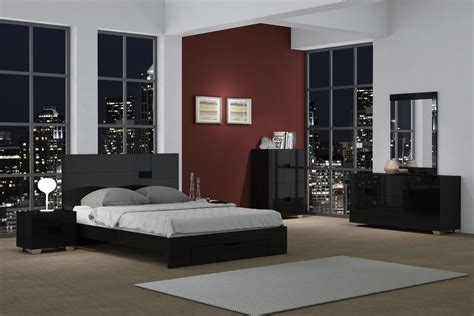 Aria Bedroom Set in Black Finish with Platform Storage Bed