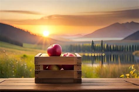 Premium Photo | A box of apples and an apple on a wooden table.