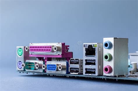 Motherboard Back Panel Connectors Closeup on Gray Background Stock Photo - Image of ethernet ...