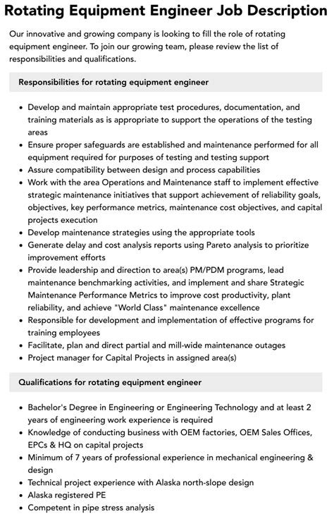 Rotating Equipment Engineer Job Description | Velvet Jobs