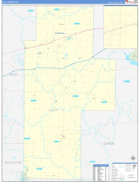 Clay County, IN Zip Code Wall Map Basic Style by MarketMAPS