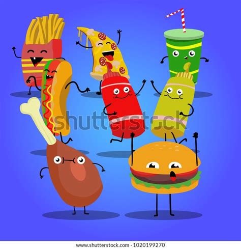 Happy fast food party cartoon characters fun, rejoice and dance. French ...