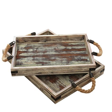 Country Rustic Wood Coffee Tray Set of 2 with Rope Handles / Breakfast Platters / Serving Trays ...