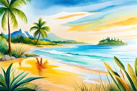 Premium AI Image | A painting of a beach with palm trees and a sunset.