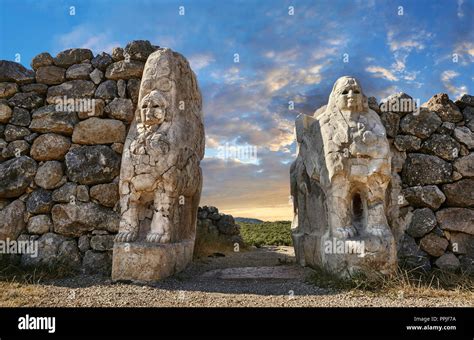 Hittite Sphinx sculpture of the Sphinx Gate. Hattusa (also Ḫattuša or Hattusas) late Anatolian ...