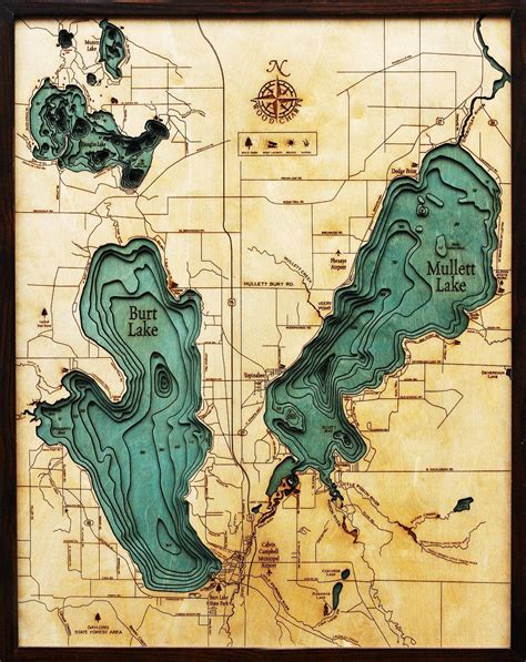 Burt Lake | Mullett Lake, Michigan Wood Map | Lake art, Wood map, Map art